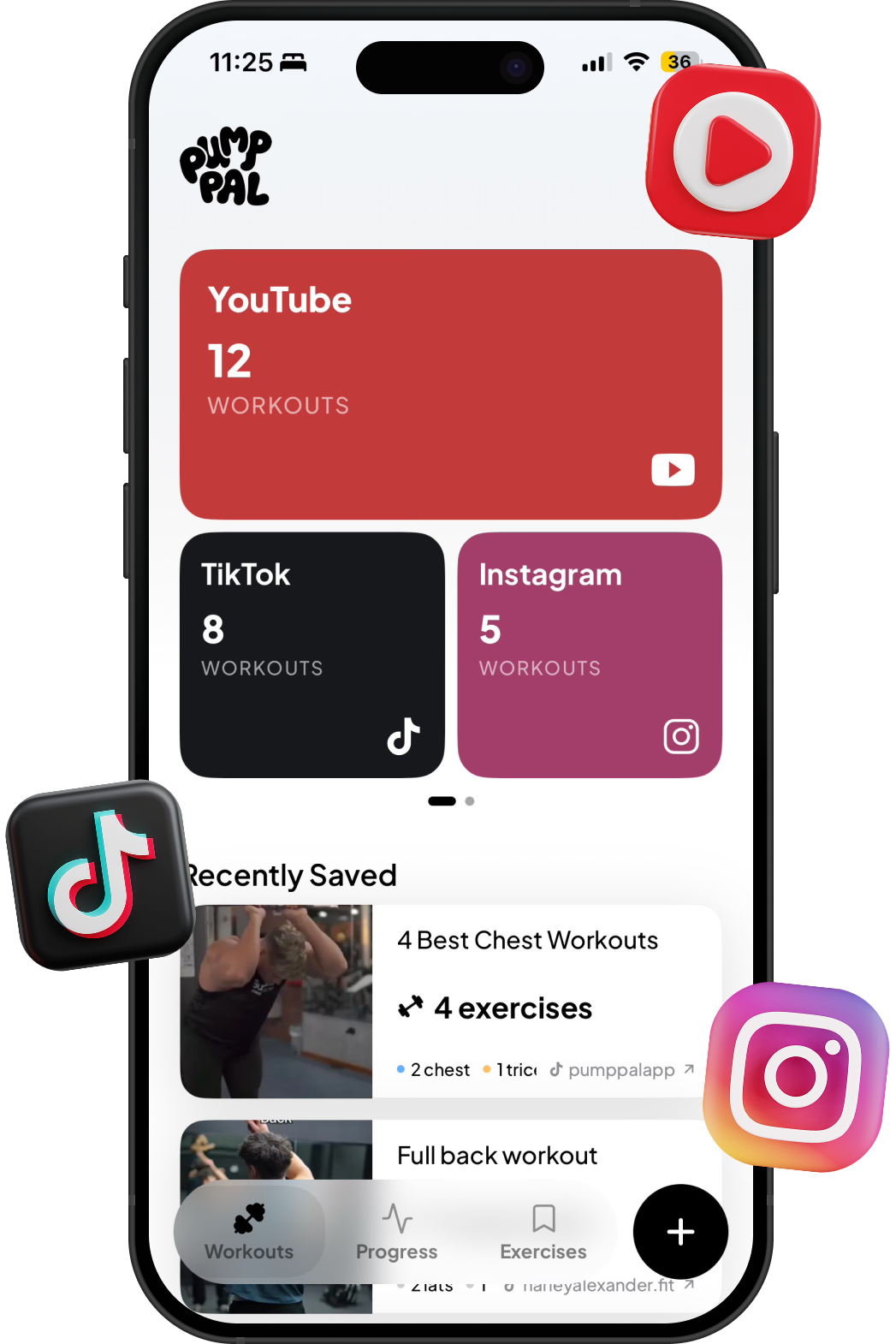 Pumply library with YouTube, TikTok, and Instagram workouts